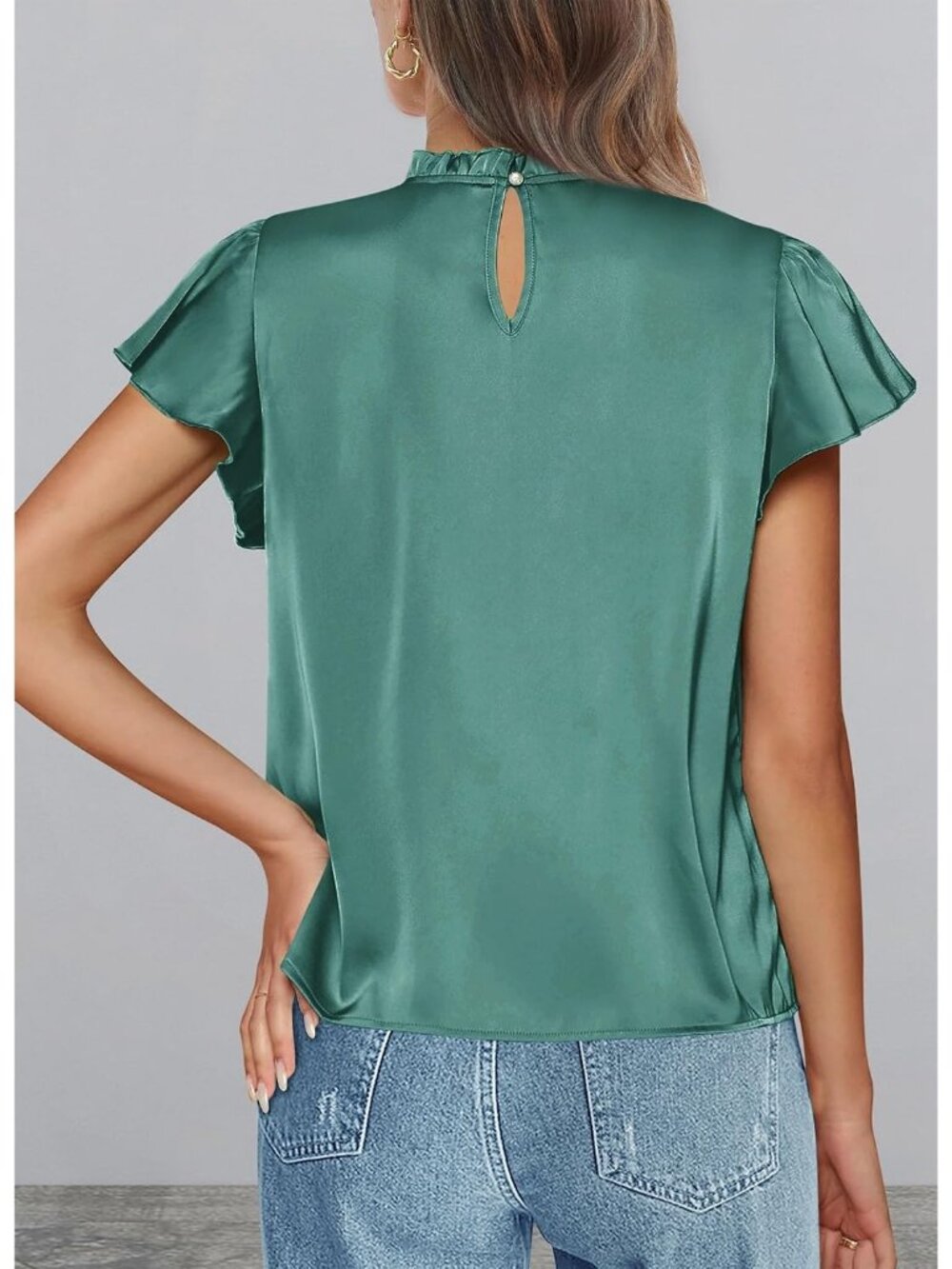 Women's Aqua Green Satin Blouse Ruffled Neck Flutter Sleeve Office Work Silk Top - Picture 2 of 6